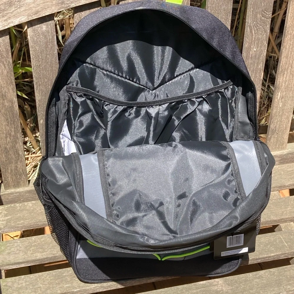 Black and Gray Backpack Neon Accents Side Pockets New